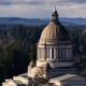 Neoclassical capitol dome rising from a stone building, surrounded by dense evergreen forest and distant hills in the background.