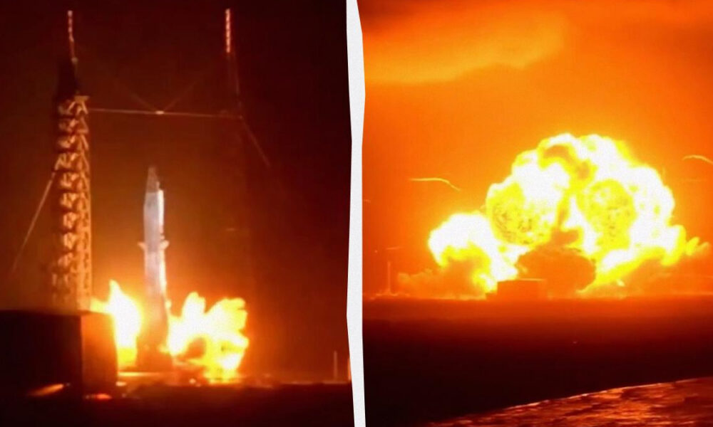 Rocket on a launch pad erupts in a bright flame and smoke at night that lights the area left of center it
