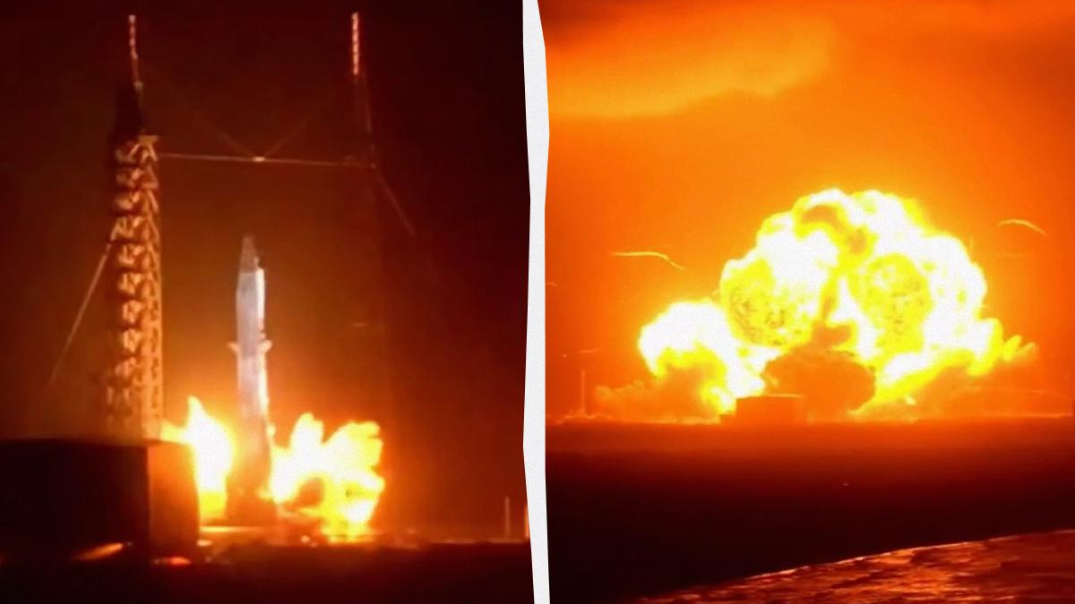 Rocket on a launch pad erupts in a bright flame and smoke at night that lights the area left of center it