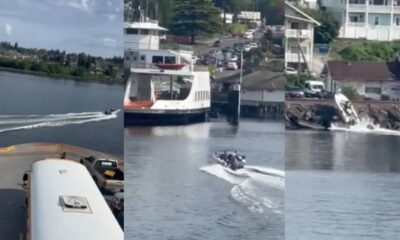 Harbor collage: left shows a speeding boat on a river, middle features a small speedboat near a docked white vessel, right depicts a small boat by rocks and buildings.