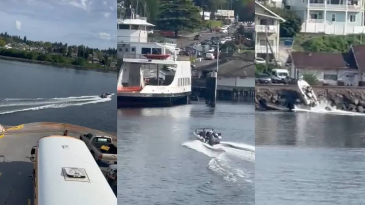 Harbor collage: left shows a speeding boat on a river, middle features a small speedboat near a docked white vessel, right depicts a small boat by rocks and buildings.