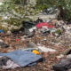 Piles of trash and discarded belongings scattered under trees, including blankets, bags, and plastic debris.