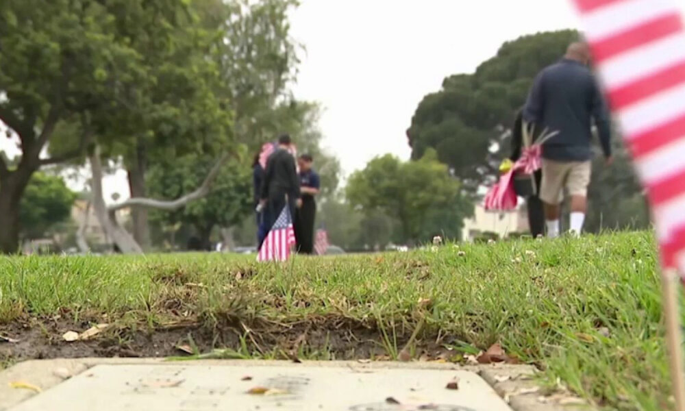 Small American flag on a stake in the grass, with people gathering in a park in the background under trees.
