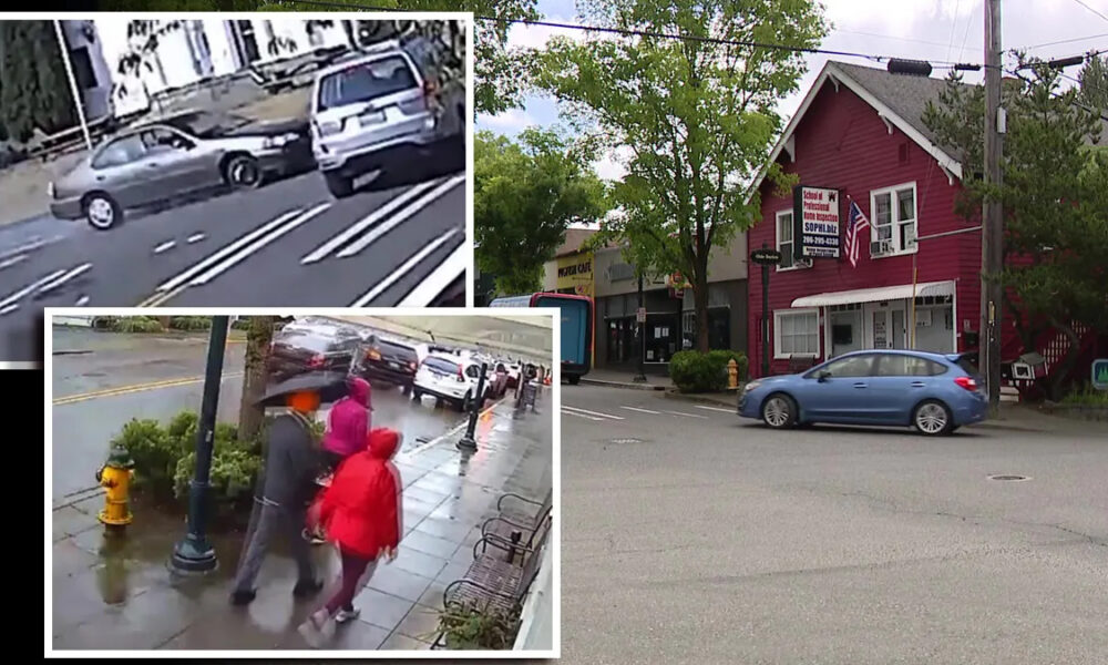 Urban street collage: inset frames show a car crash and pedestrians with umbrellas beside a storefront, all over a rainy street scene with a red building.