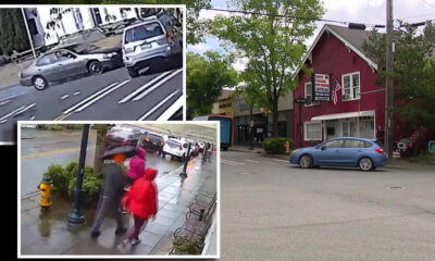 Urban street collage: inset frames show a car crash and pedestrians with umbrellas beside a storefront, all over a rainy street scene with a red building.