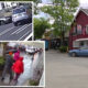 Urban street collage: inset frames show a car crash and pedestrians with umbrellas beside a storefront, all over a rainy street scene with a red building.
