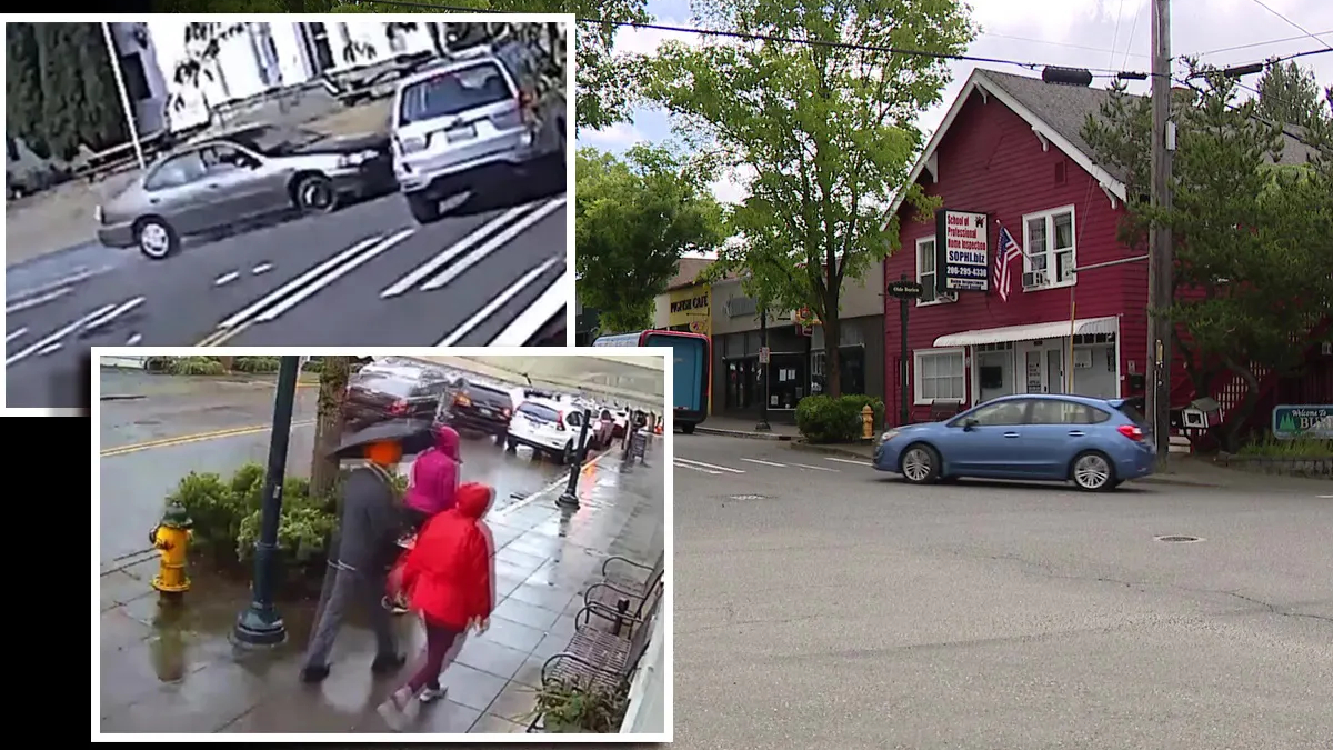 Urban street collage: inset frames show a car crash and pedestrians with umbrellas beside a storefront, all over a rainy street scene with a red building.