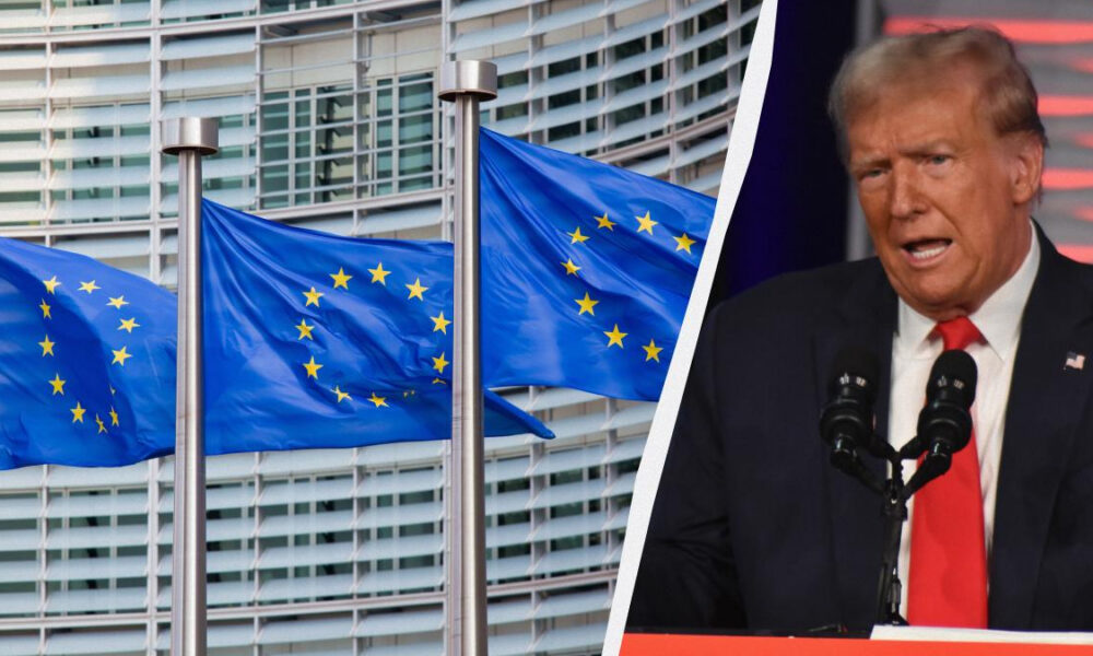 EU flags flutter in front of a modern glass building, split by a diagonal line from a man speaking at a podium