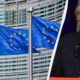 EU flags flutter in front of a modern glass building, split by a diagonal line from a man speaking at a podium