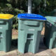 Three wheeled trash bins with yellow, blue, and green lids lined up along a sidewalk near trees in a sunny outdoor area