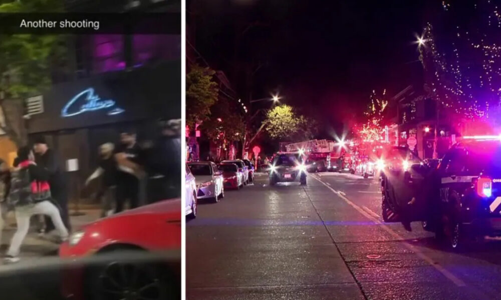 Nighttime street scene with police cars and flashing lights on a busy avenue; a split-screen shows people running on a sidewalk in the left frame, caption reads 'Another shooting'