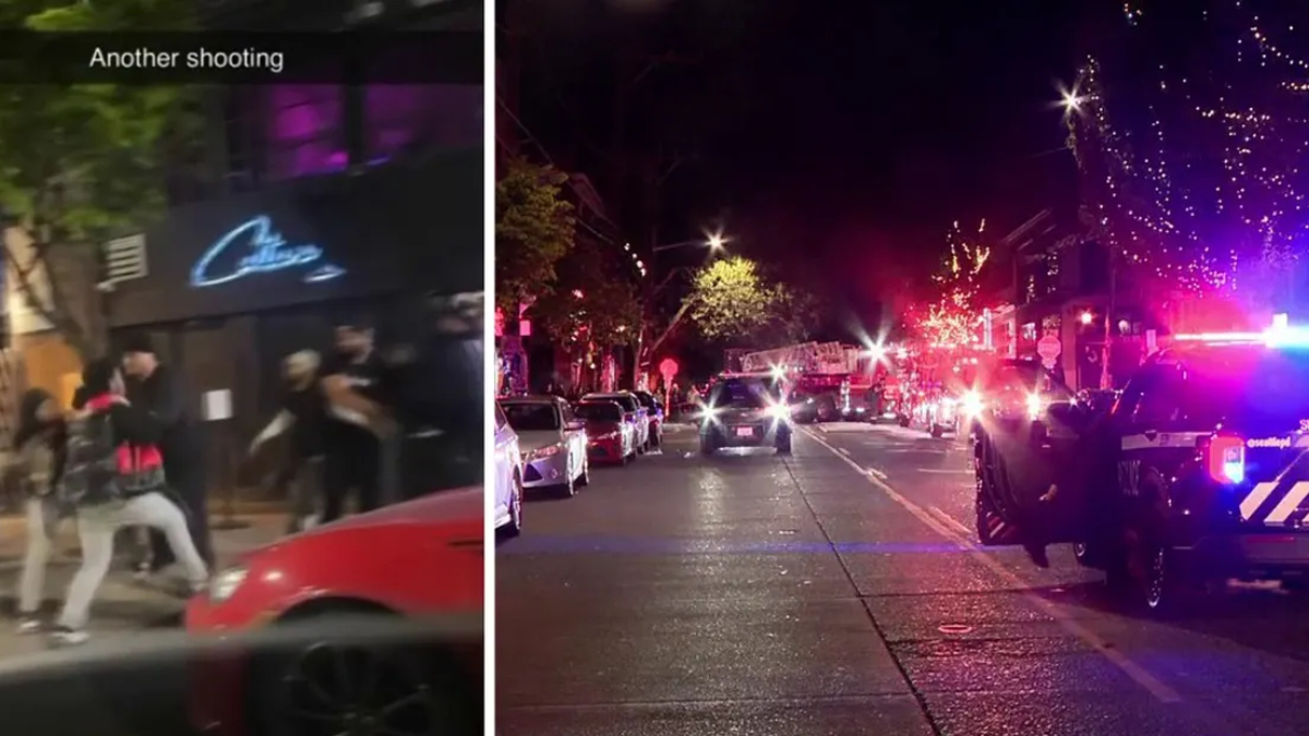 Nighttime street scene with police cars and flashing lights on a busy avenue; a split-screen shows people running on a sidewalk in the left frame, caption reads 'Another shooting'