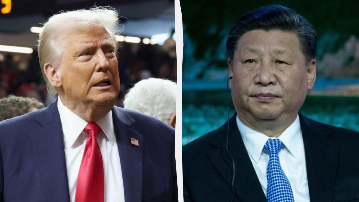Split-screen image of two men in suits facing opposite directions, suggesting a political comparison or confrontation.
