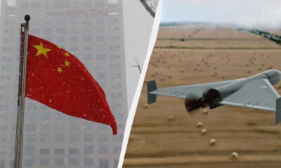 Left panel shows the Chinese flag waving on a flagpole with a tall building in the background; right panel shows a delta-wing unmanned aircraft flying over a desert landscape.
