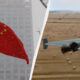 Left panel shows the Chinese flag waving on a flagpole with a tall building in the background; right panel shows a delta-wing unmanned aircraft flying over a desert landscape.
