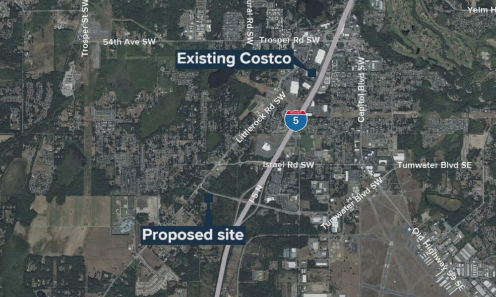 Aerial map showing an existing Costco near Interstate 5, with a proposed site to the southwest along I-5 near Israel Rd SW.