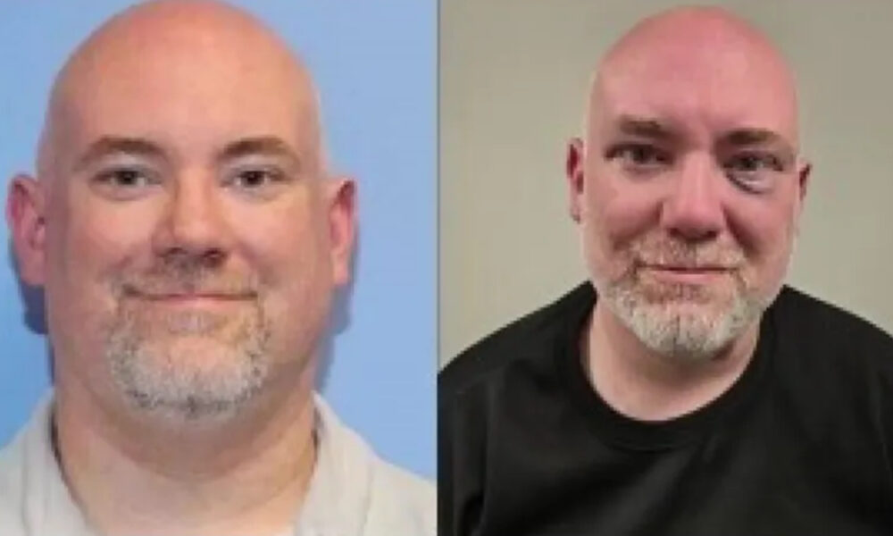 Two head-and-shoulders photos of a bald man with a gray beard, shown side by side (left in light clothing, blue background; right in black shirt, beige background).