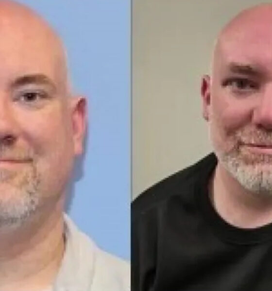 Two head-and-shoulders photos of a bald man with a gray beard, shown side by side (left in light clothing, blue background; right in black shirt, beige background).