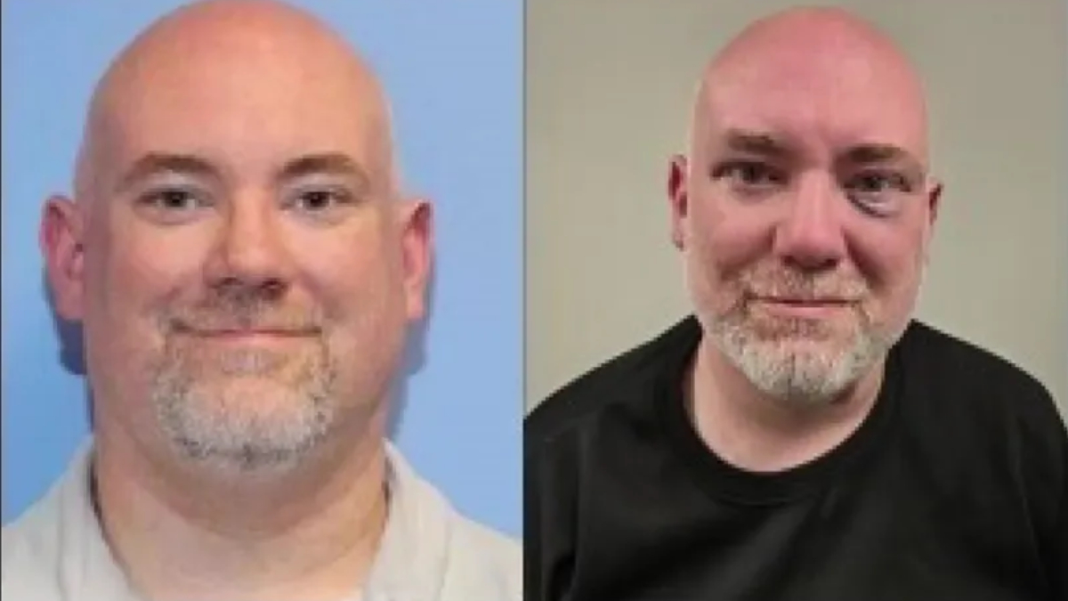 Two head-and-shoulders photos of a bald man with a gray beard, shown side by side (left in light clothing, blue background; right in black shirt, beige background).