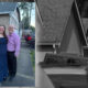 Smiling couple standing together in a driveway outside a beige house; woman in a blue dress, man in a purple shirt and dark pants.