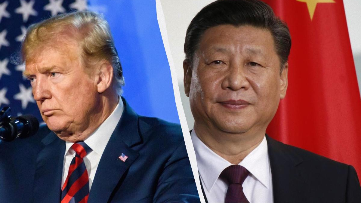 Split image of former U.S. President Donald Trump on the left and Chinese President Xi Jinping on the right, divided by a diagonal white stripe.