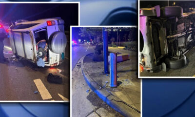 Collage of a nighttime car crash: overturned SUV with emergency lights, debris on the road, and a damaged curb.