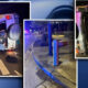 Collage of a nighttime car crash: overturned SUV with emergency lights, debris on the road, and a damaged curb.