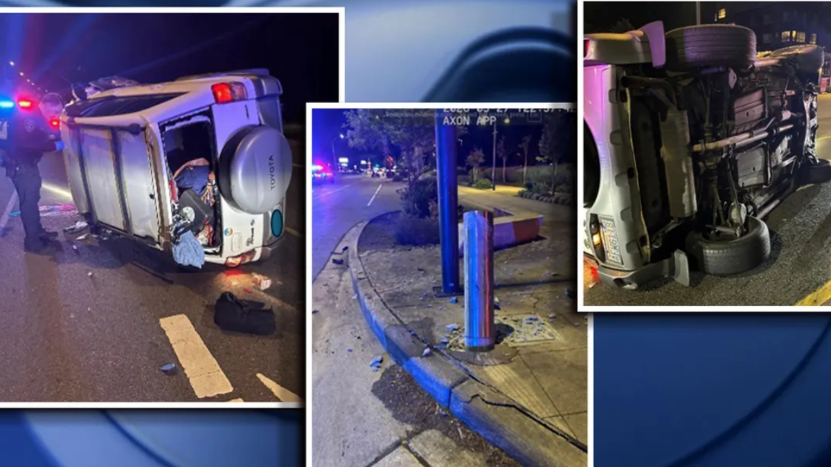 Collage of a nighttime car crash: overturned SUV with emergency lights, debris on the road, and a damaged curb.