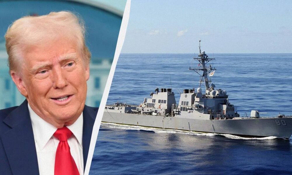 Portrait of former U.S. president Donald Trump on the left, with a gray naval destroyer at sea on the right separated by a diagonal divider.