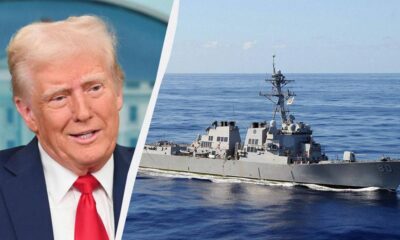 Portrait of former U.S. president Donald Trump on the left, with a gray naval destroyer at sea on the right separated by a diagonal divider.