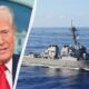 Portrait of former U.S. president Donald Trump on the left, with a gray naval destroyer at sea on the right separated by a diagonal divider.