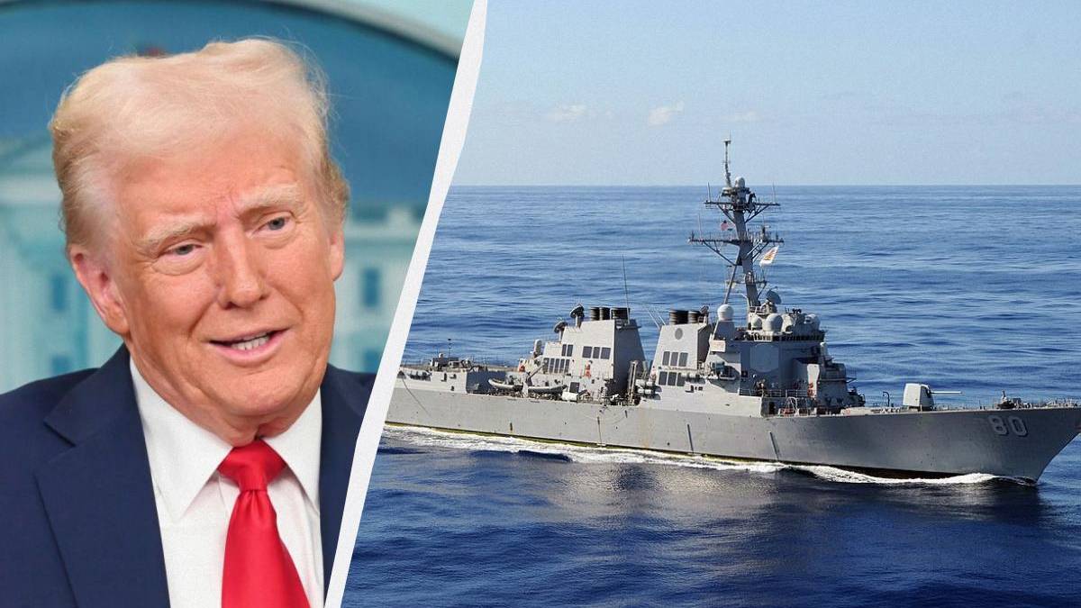 Portrait of former U.S. president Donald Trump on the left, with a gray naval destroyer at sea on the right separated by a diagonal divider.
