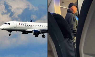Split image: left side shows a Delta Connection regional jet in flight against a cloudy sky; right side shows a man standing in an airplane cabin aisle.