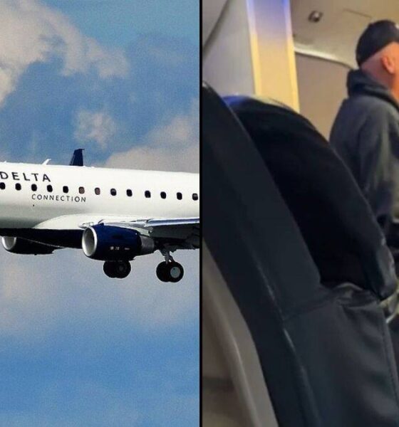 Split image: left side shows a Delta Connection regional jet in flight against a cloudy sky; right side shows a man standing in an airplane cabin aisle.