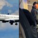 Split image: left side shows a Delta Connection regional jet in flight against a cloudy sky; right side shows a man standing in an airplane cabin aisle.