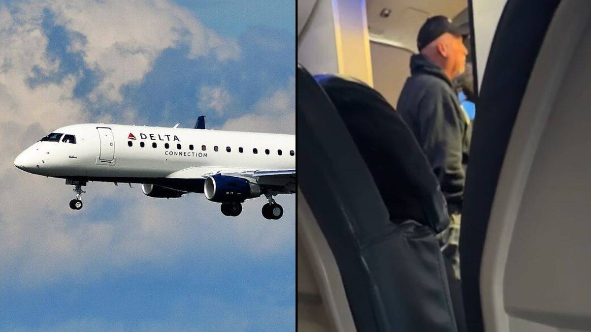 Split image: left side shows a Delta Connection regional jet in flight against a cloudy sky; right side shows a man standing in an airplane cabin aisle.