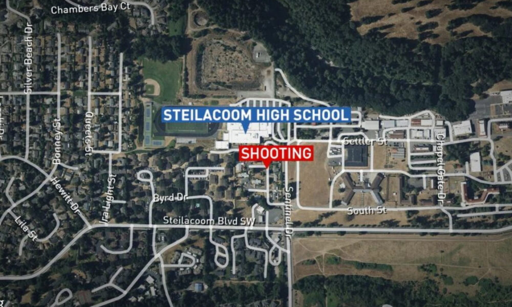 Map view highlighting Steilacoom High School with a 'SHOOTING' marker nearby in red.