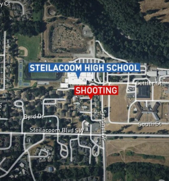 Map view highlighting Steilacoom High School with a 'SHOOTING' marker nearby in red.