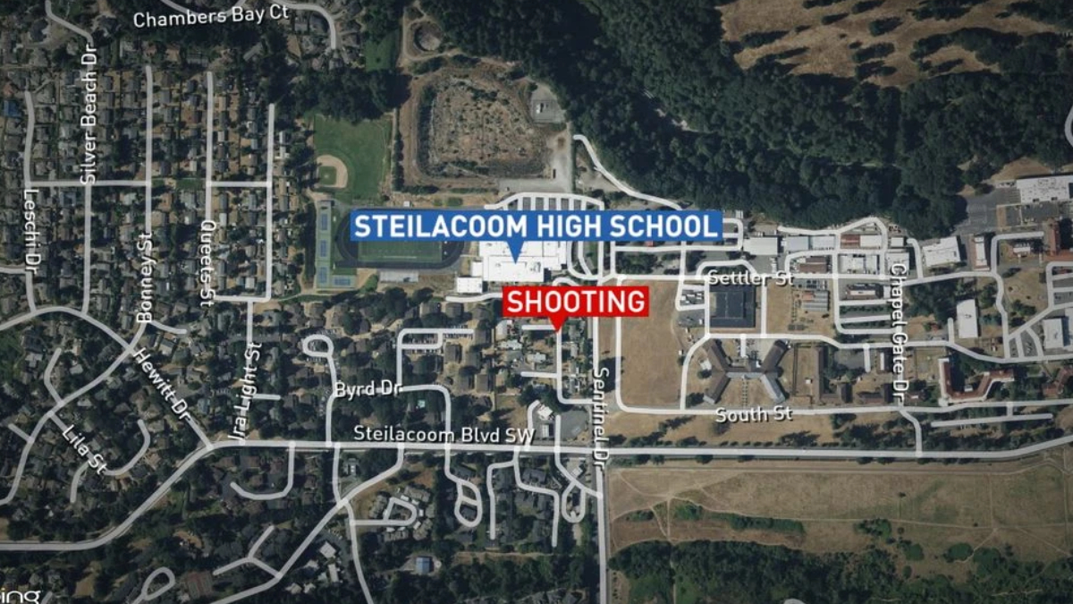 Map view highlighting Steilacoom High School with a 'SHOOTING' marker nearby in red.