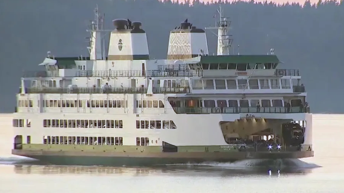 Large white passenger ferry with multiple decks sailing on calm water, rear vehicle loading ramp open for cars.
