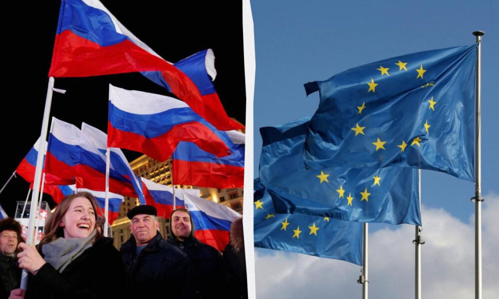 Split image: left side shows a crowd at a rally with Russian flags; right side shows a waving European Union flag against a blue sky.