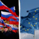 Split image: left side shows a crowd at a rally with Russian flags; right side shows a waving European Union flag against a blue sky.