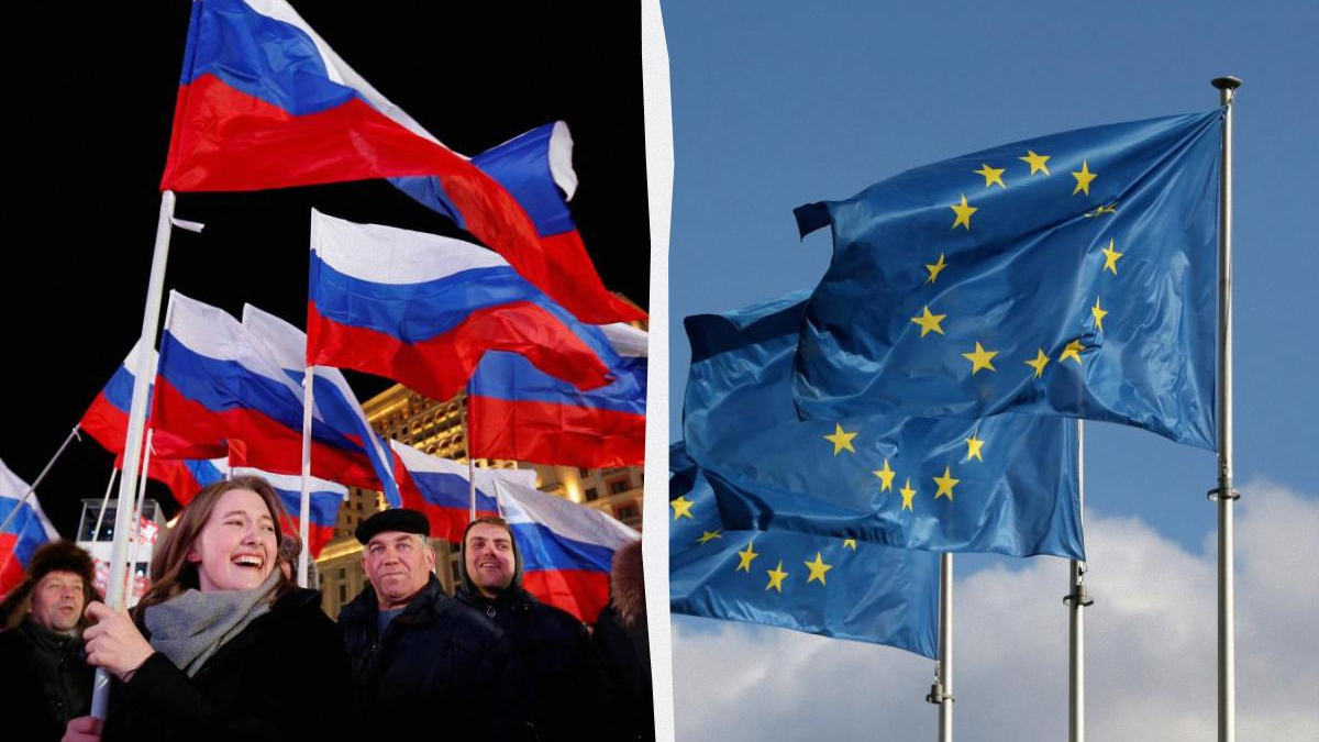 Split image: left side shows a crowd at a rally with Russian flags; right side shows a waving European Union flag against a blue sky.