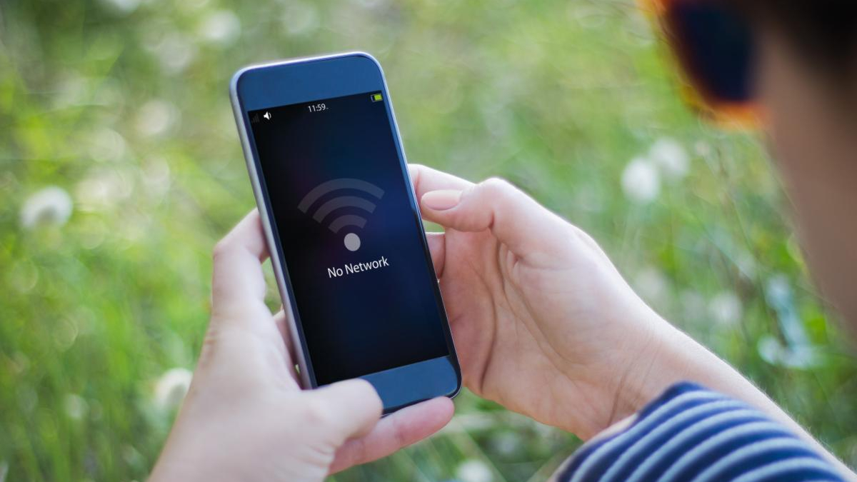 Smartphone held outdoors showing a 'No Network' message on the screen with a Wi‑Fi icon in a green, natural background.