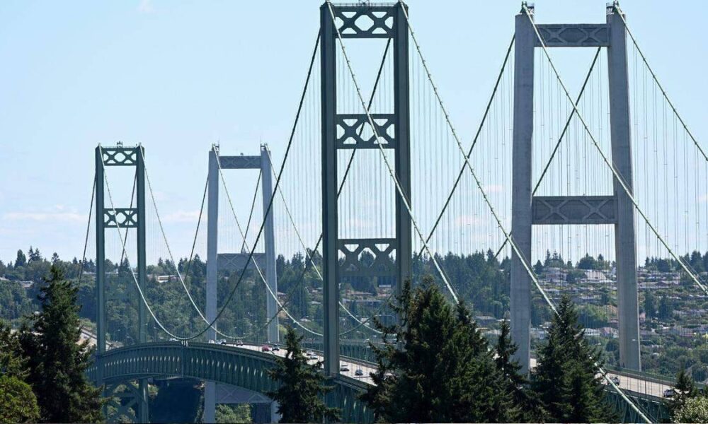 Suspension bridge with tall towers and cascading cables, spanning a forested valley with a distant residential area.