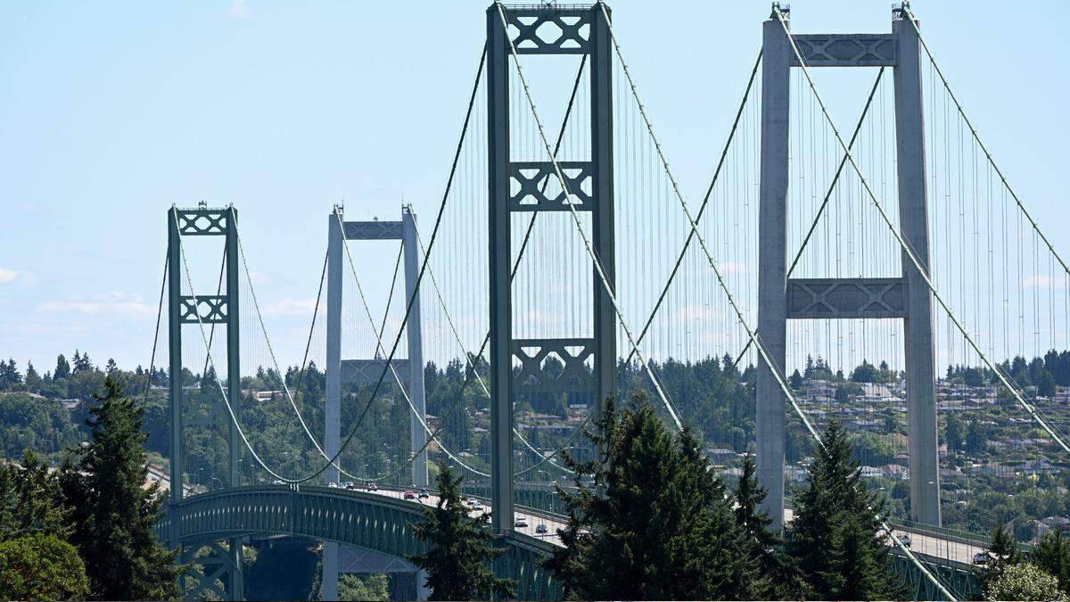 Suspension bridge with tall towers and cascading cables, spanning a forested valley with a distant residential area.