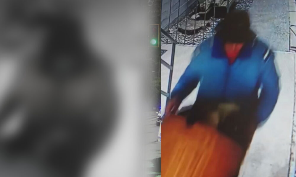 Surveillance still of a person in a blue jacket walking on a sidewalk, captured by a security camera on the right side of the frame.