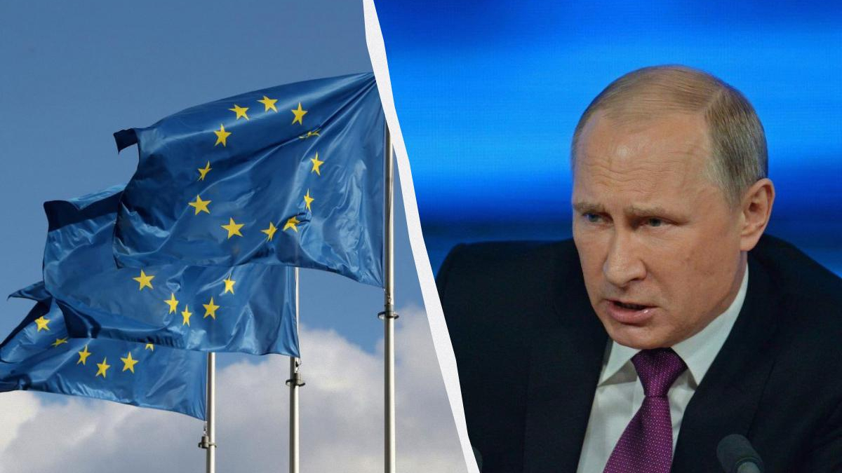 Left: waving European Union flags against a blue sky; right: a stern man in a dark suit and purple tie speaking, with a blue backdrop; divided by a curved white line.