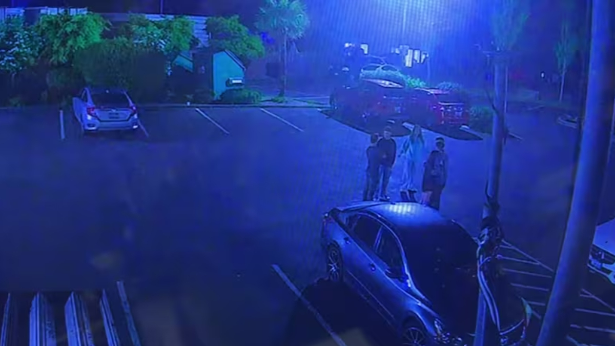 Blue emergency lights illuminate a nighttime parking lot; a dark SUV is parked in the foreground while a group of four people stand nearby.