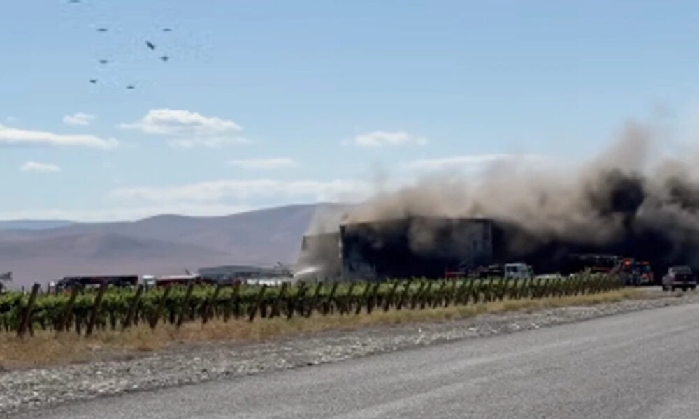 Building on fire along a rural highway with thick black smoke and emergency vehicles on scene near a vineyard fence.